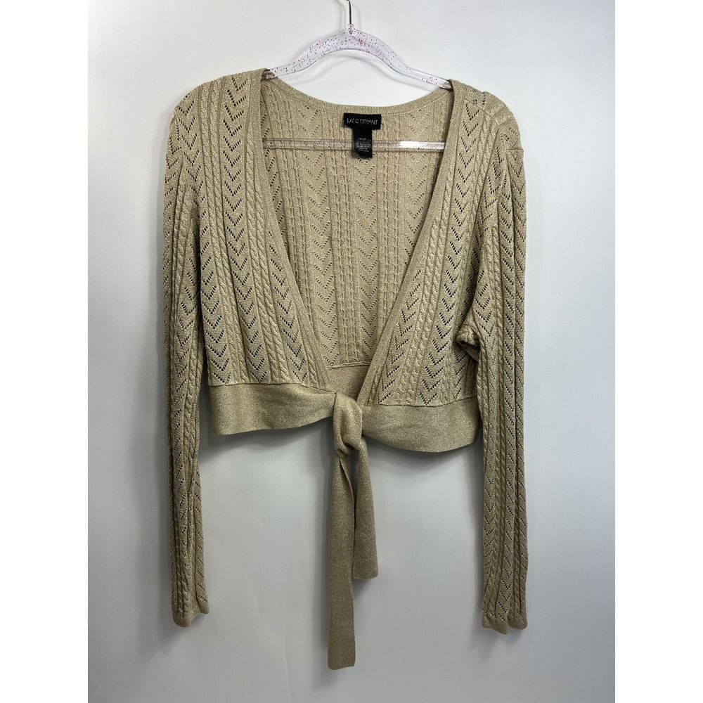 Lane Bryant Cardigan Sweater Women's Size 14/16 Gold Open Front Tie Long Sleeve
